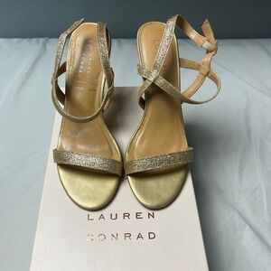 LC Lauren Conrad Hazelnut Gold Glitter Heels Strappy Ankle Sandals Shoes Size 8